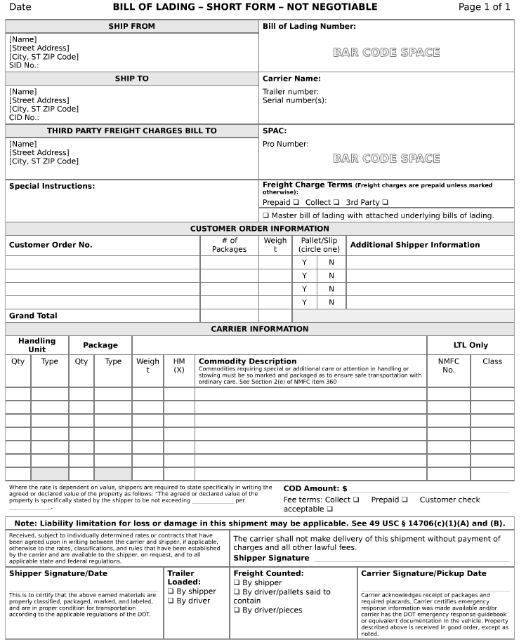 Sample bill of lading document
