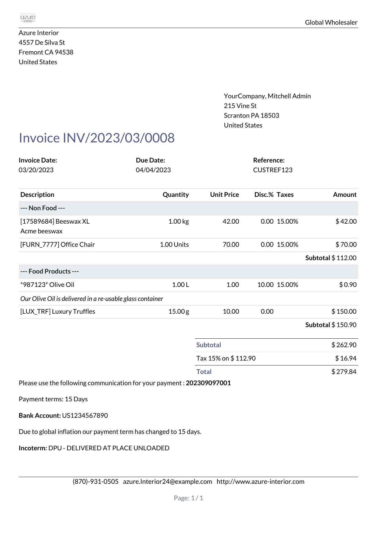 Modern wholesale invoice from Azure Interior
