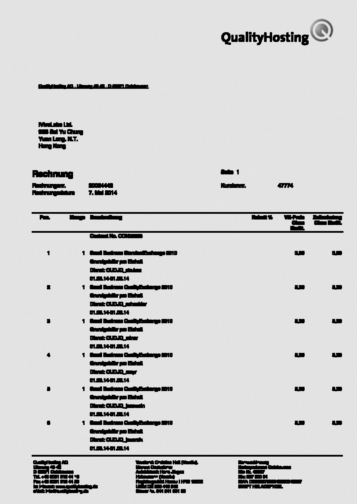 Low-contrast scan of a German hosting invoice
