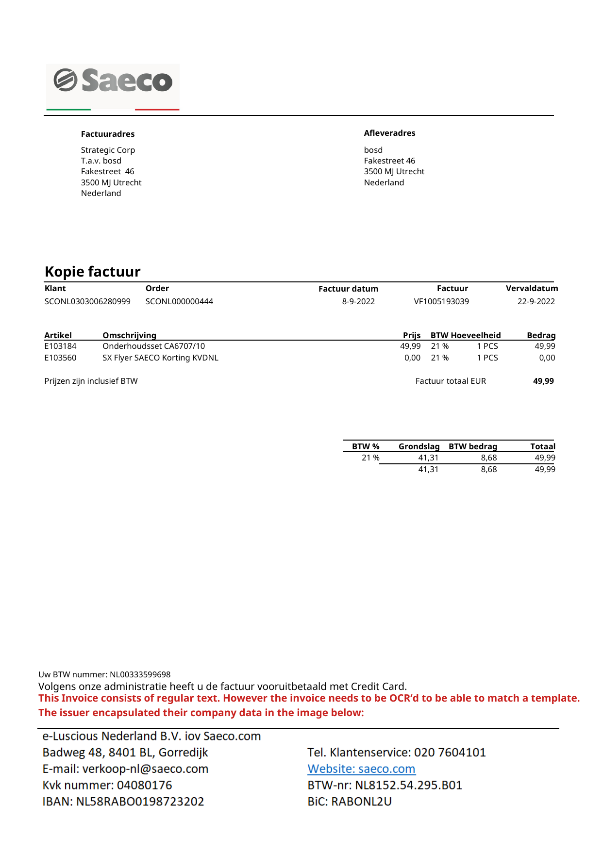 Saeco invoice with embedded image-based issuer details